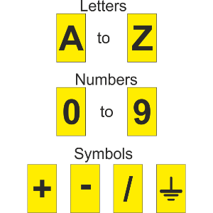 Critchley Yellow Letters A to Z, Numbers 0 to 9, Symbols +, -, / and earth