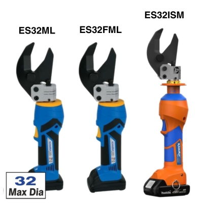 Image of three Klauke cutting tools, labelled: the blue-bodied ES32ML and ES32FML and the orange-bodied ES32ISM. The box in the corner says 