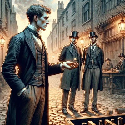 Three men dressed in period attire, standing on a cobblestone street. One of the men, holding a coin in one hand, is captured mid-toss, while the other two watch intently